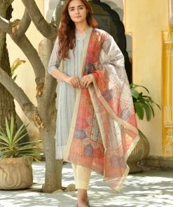 PRINTS VALLEY Grey Stripe Chanderi Print Kurta Set Jaipur Tales