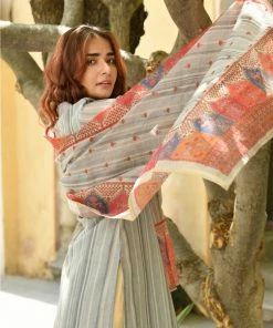 PRINTS VALLEY Grey Stripe Chanderi Print Kurta Set Jaipur Tales