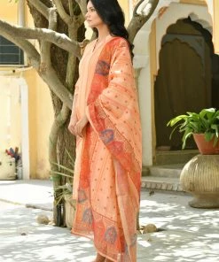 PRINTS VALLEY Orange Stripe Chanderi Print Kurta Set Jaipur Tales