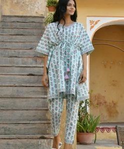 PRINTS VALLEY Jaipur Tales Pastel Blue Pink Buti Kaftan Set