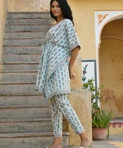 PRINTS VALLEY Jaipur Tales Pastel Blue Pink Buti Kaftan Set