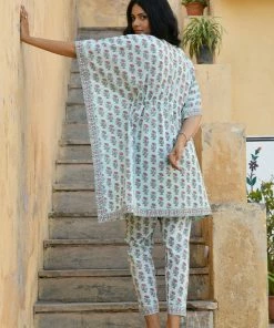 PRINTS VALLEY Jaipur Tales Pastel Blue Pink Buti Kaftan Set