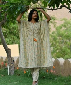 PRINTS VALLEY Pastel Green Stripe Floral Kaftan Set