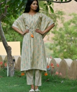 PRINTS VALLEY Pastel Green Stripe Floral Kaftan Set