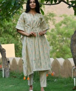 PRINTS VALLEY Pastel Green Stripe Floral Kaftan Set