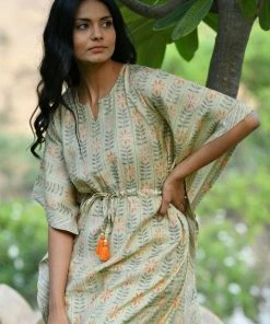 PRINTS VALLEY Pastel Green Stripe Floral Kaftan Set