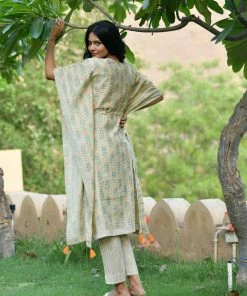 PRINTS VALLEY Pastel Green Stripe Floral Kaftan Set