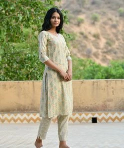 PRINTS VALLEY Jaipur Tales Pastel Green Stripe Floral Kurta Set