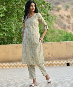 PRINTS VALLEY Jaipur Tales Pastel Green Stripe Floral Kurta Set