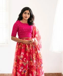 Ekanta Anika Pink Floal Skirt And Top With Dupatta