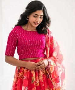 Ekanta Anika Pink Floal Skirt And Top With Dupatta