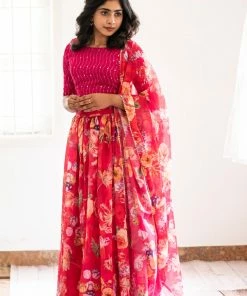 Ekanta Anika Pink Floal Skirt And Top With Dupatta