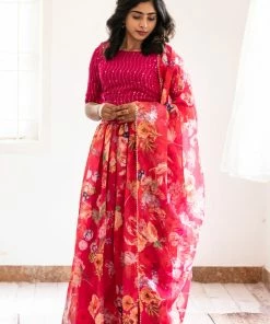 Ekanta Anika Pink Floal Skirt And Top With Dupatta