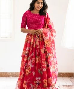 Ekanta Anika Pink Floal Skirt And Top With Dupatta