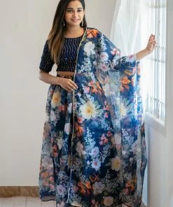 Ekanta Margazhi Moments Anika Navy Floral Skirt And Top With Dupatta