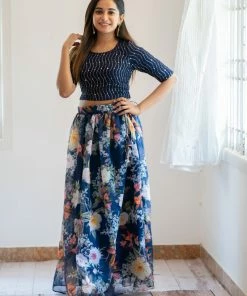 Ekanta Margazhi Moments Anika Navy Floral Skirt And Top With Dupatta