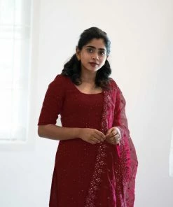 Ekanta Ira- Maroon Kurti With Embroidery Organza Dupatta Margazhi Moments