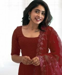 Ekanta Ira- Maroon Kurti With Embroidery Organza Dupatta Margazhi Moments