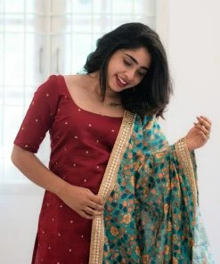 Ekanta Chaaya- Maroon With Teal Kalamkari Printed Dupatta Margazhi Moments