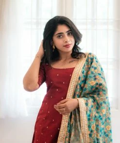 Ekanta Chaaya- Maroon With Teal Kalamkari Printed Dupatta Margazhi Moments