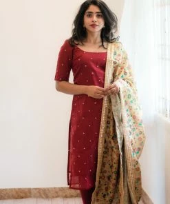 Ekanta Chaaya- Maroon With Yellow Kalamkari Printed Dupatta