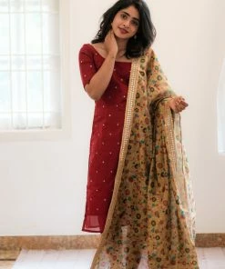 Ekanta Chaaya- Maroon With Yellow Kalamkari Printed Dupatta