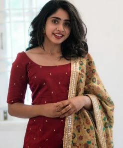 Ekanta Chaaya- Maroon With Yellow Kalamkari Printed Dupatta