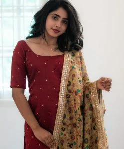 Ekanta Chaaya- Maroon With Yellow Kalamkari Printed Dupatta
