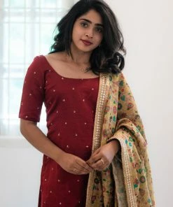 Ekanta Chaaya- Maroon With Yellow Kalamkari Printed Dupatta