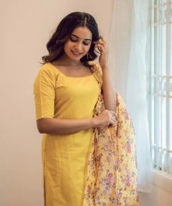 Ekanta Margazhi Moments Aahila Yellow Kurti With Floral Organza Dupatta