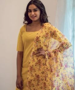 Ekanta Margazhi Moments Aahila Yellow Kurti With Floral Organza Dupatta