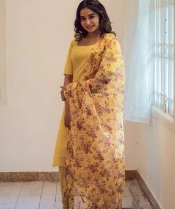 Ekanta Margazhi Moments Aahila Yellow Kurti With Floral Organza Dupatta