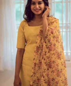 Ekanta Margazhi Moments Aahila Yellow Kurti With Floral Organza Dupatta