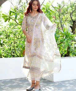 PRINTS VALLEY Jaipur Tales Pista Floral Grey Print Kurta Set