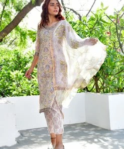 PRINTS VALLEY Jaipur Tales Pista Floral Grey Print Kurta Set