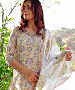 PRINTS VALLEY Jaipur Tales Pista Floral Grey Print Kurta Set