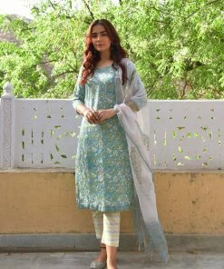 PRINTS VALLEY Blue Green Floral Kurta Set