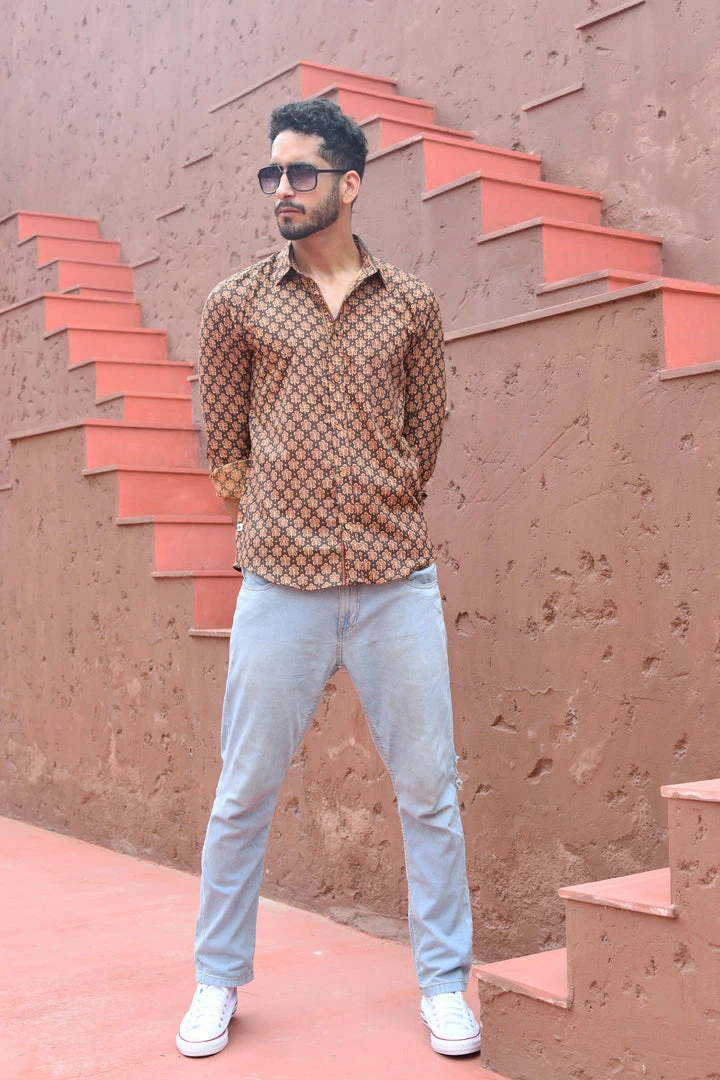 PRINTS VALLEY Brown Red Buti Shirt Men's Shirt 2 PRINTS VALLEY Brown Red Buti Shirt Men's Shirt