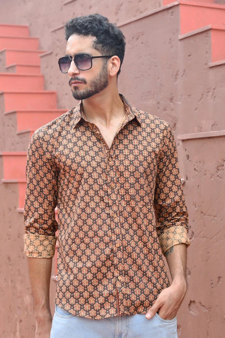 PRINTS VALLEY Brown Red Buti Shirt Men's Shirt 3 PRINTS VALLEY Brown Red Buti Shirt Men's Shirt