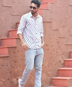 PRINTS VALLEY White Blue Petunia Print Shirt Men's Shirt