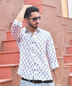 PRINTS VALLEY White Blue Petunia Print Shirt Men's Shirt