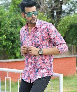 PRINTS VALLEY Men's Shirt Pink Blue Paisley Print Shirt