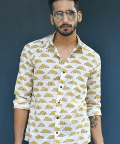 PRINTS VALLEY White Yellow Car Print Shirt Men's Shirt