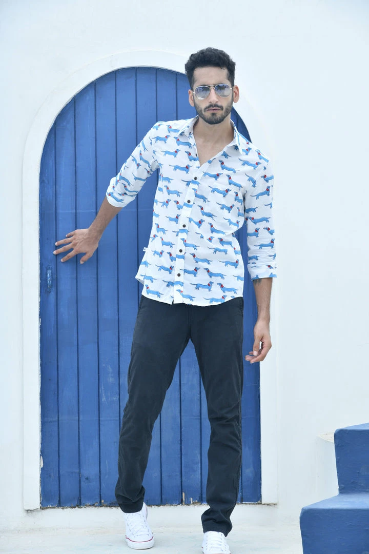PRINTS VALLEY White Blue Dog Print Shirt 3 PRINTS VALLEY White Blue Dog Print Shirt