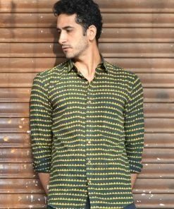 PRINTS VALLEY Men's Shirt Ajrakh Madder Green Triangle Stripe Shirt
