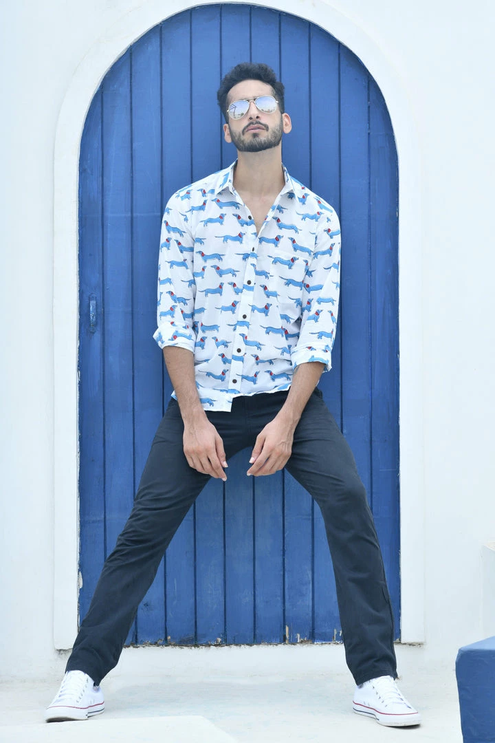 PRINTS VALLEY White Blue Dog Print Shirt 2 PRINTS VALLEY White Blue Dog Print Shirt