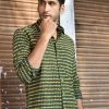 PRINTS VALLEY Men's Shirt Ajrakh Madder Green Triangle Stripe Shirt