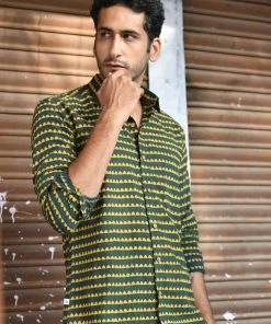 PRINTS VALLEY Men's Shirt Ajrakh Madder Green Triangle Stripe Shirt