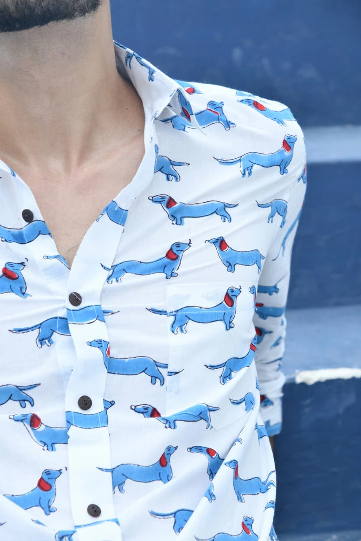 PRINTS VALLEY White Blue Dog Print Shirt 4 PRINTS VALLEY White Blue Dog Print Shirt