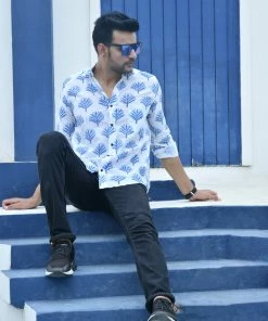 PRINTS VALLEY Men's Shirt White Blue Tree Print Shirt